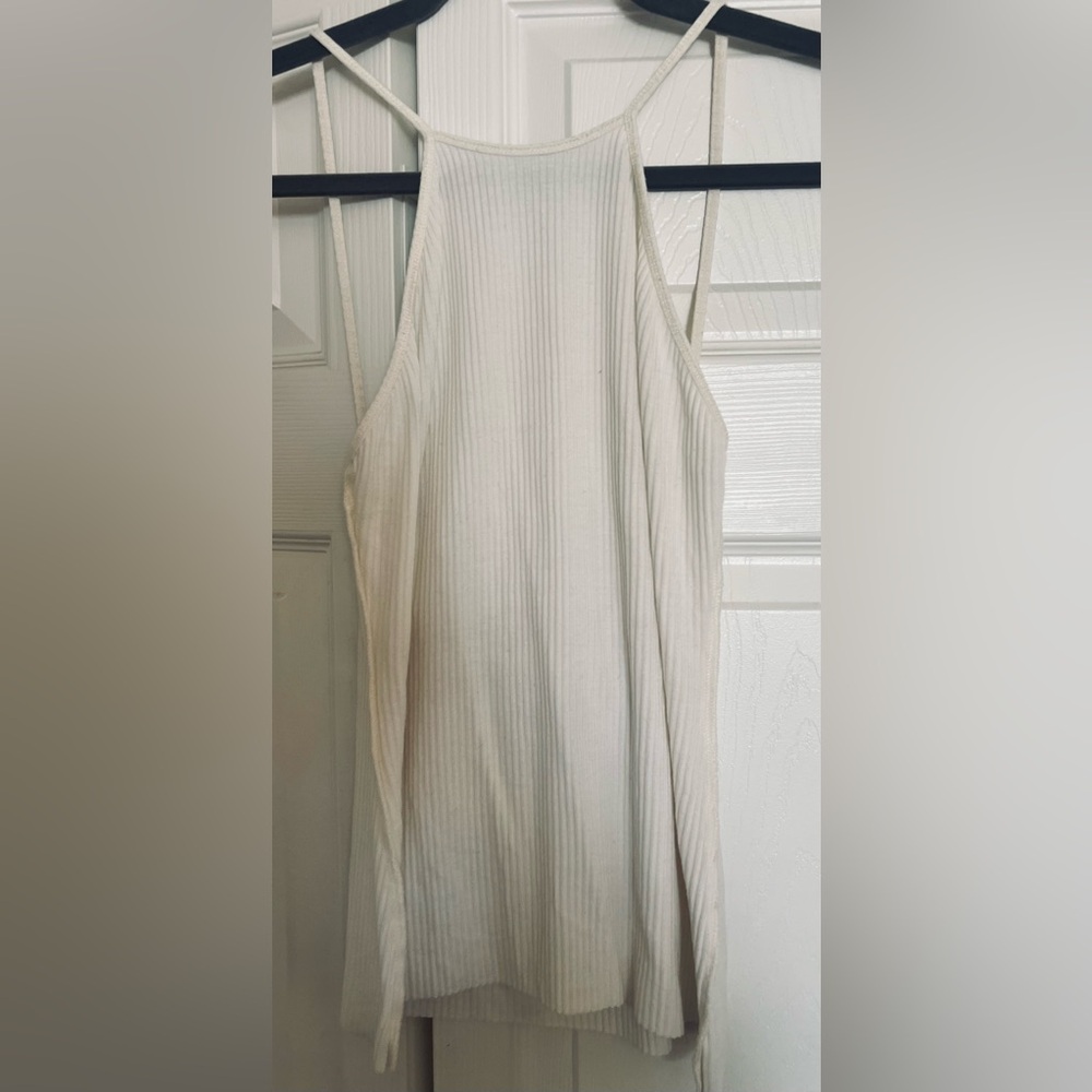 Privacy Please white Ribbed Sleeveless high neck Tank Top raw bottom low back
